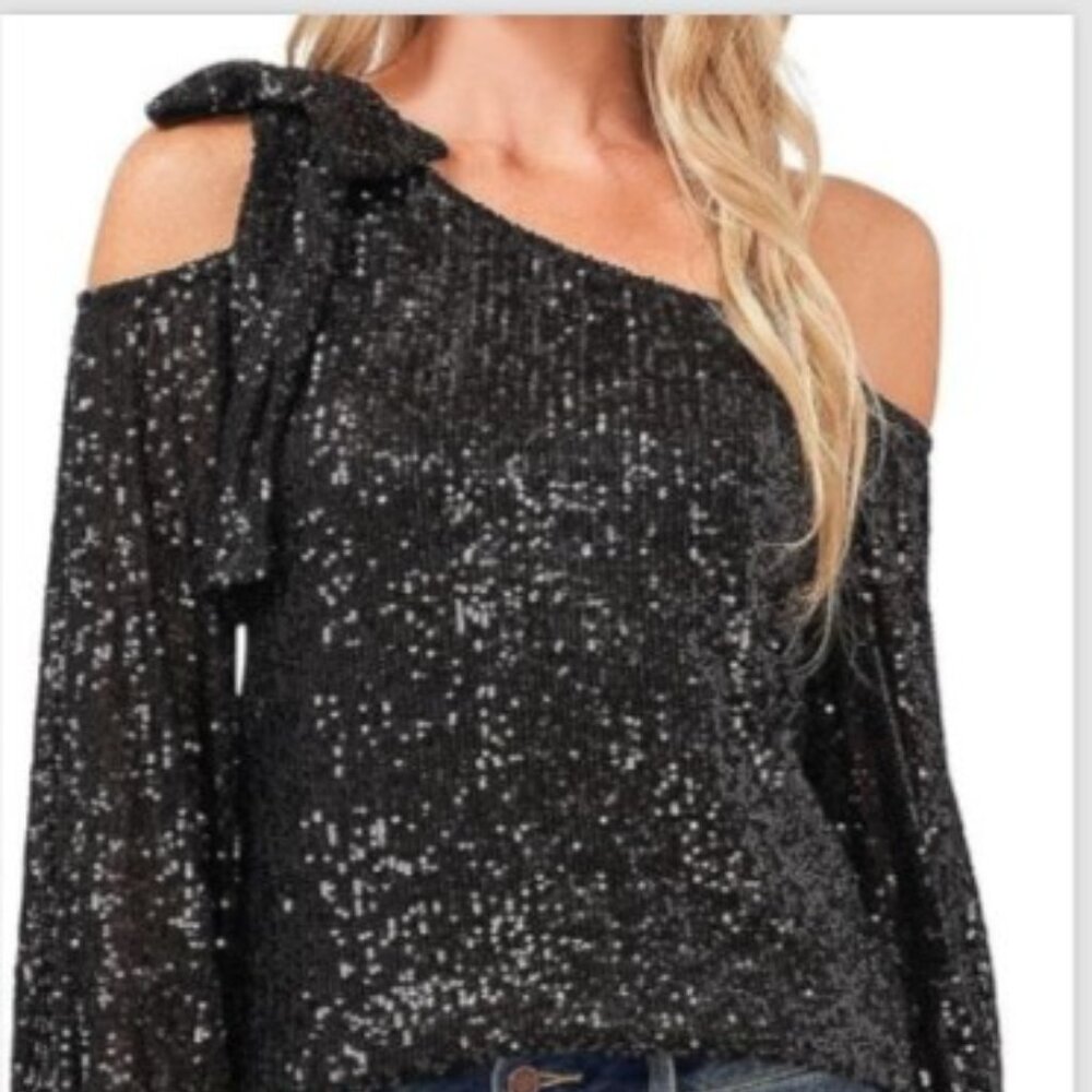 CeCe Sequin One Shoulder Top. 2X. Charcoal.